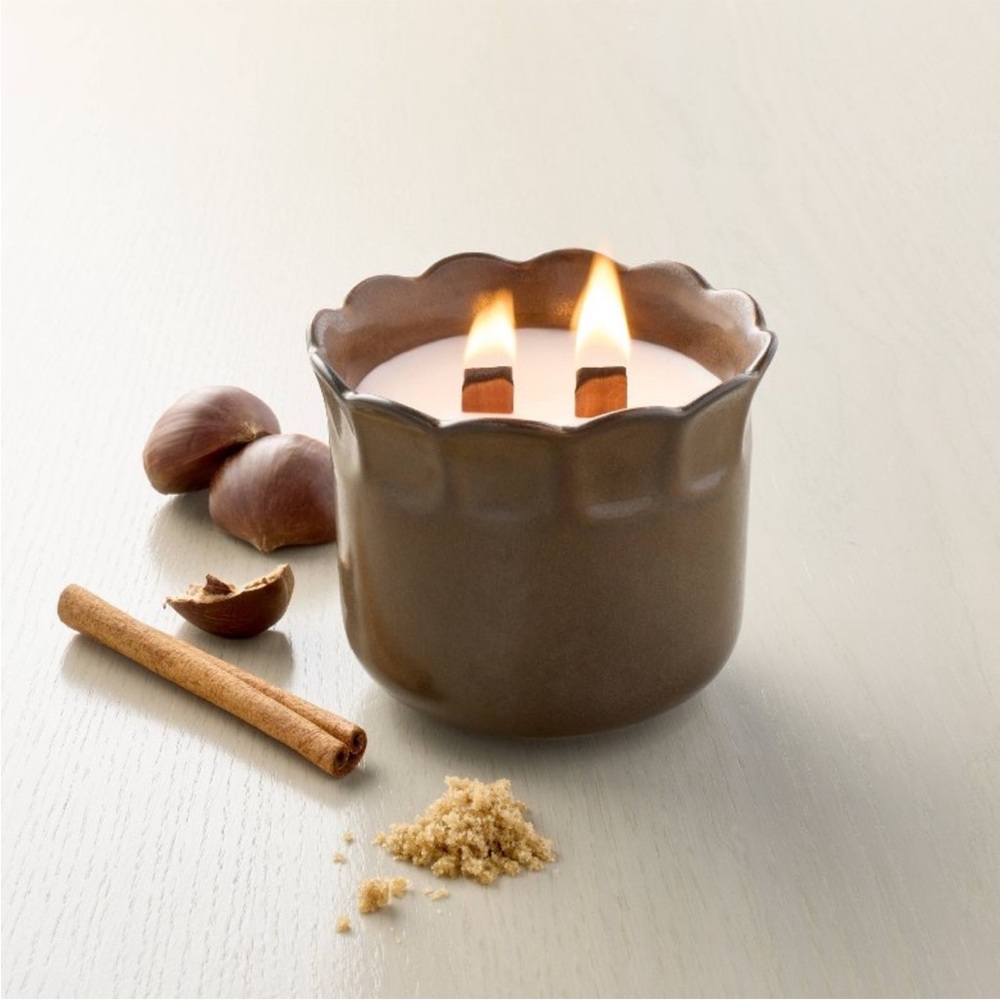 2-Wooden Wick Scalloped Rim Ceramic Jar Candle Harvest Chestnut - Hearth & Hand